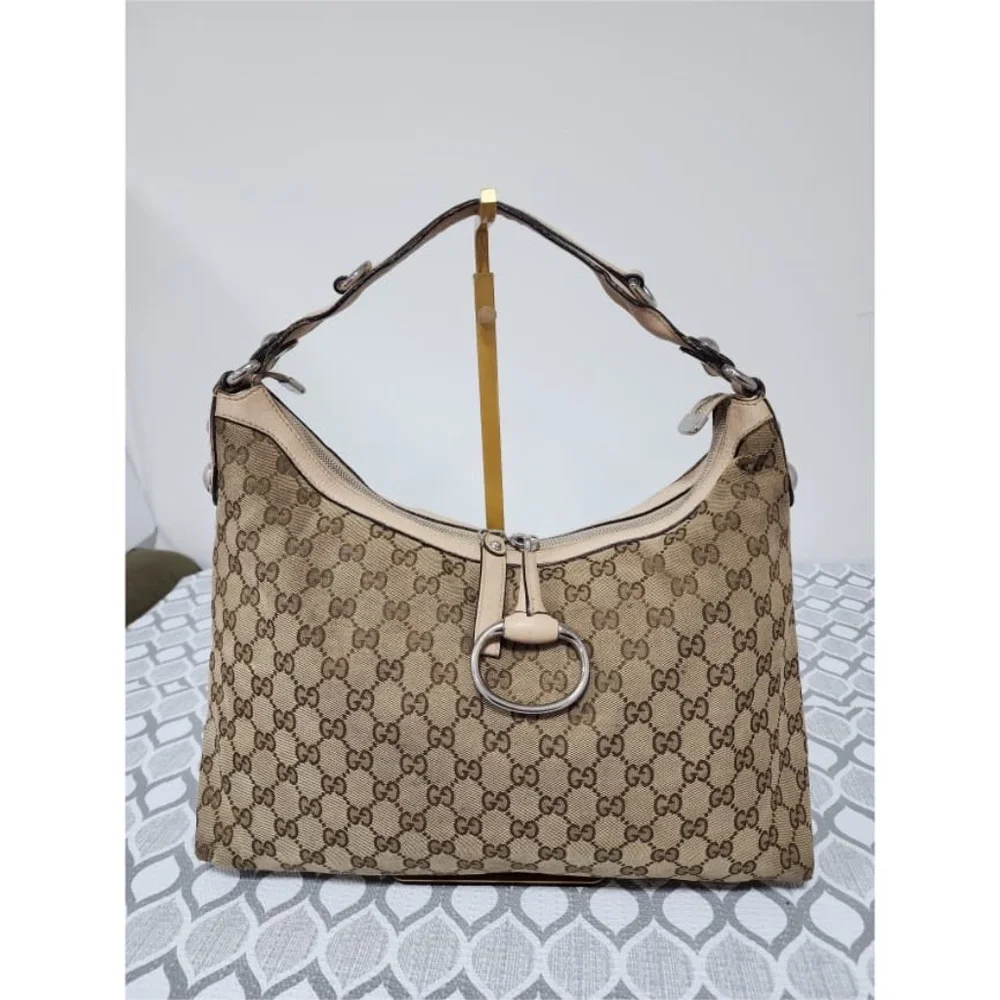 Authentic Gucci GG Canvas Medium Icon Bit Hobo Bag Beige/Brown